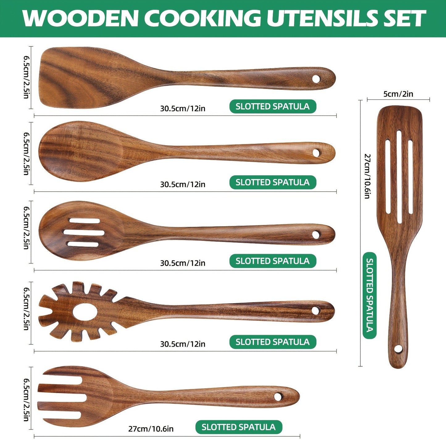 Wooden Cooking Utensils Set 6 Piece – Teak Wood Non-Stick Kitchen Tools with Comfortable Grip | Sturdy, Lightweight & Heat-Resistant