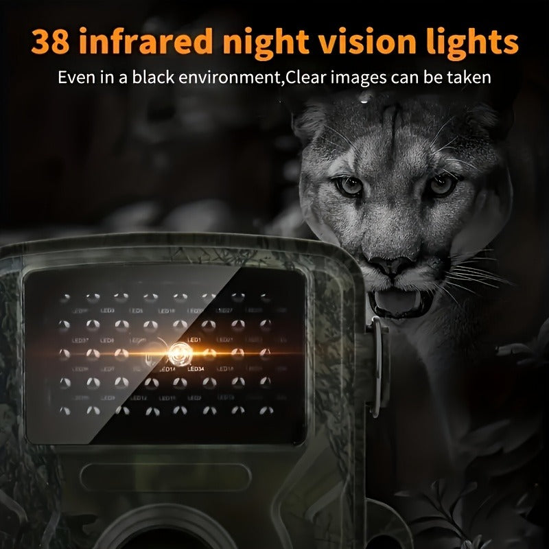 48MP 1296P Trail Camera with Infrared LEDs, Color Screen and Included 32GB Memory Card in Green Camo Housing