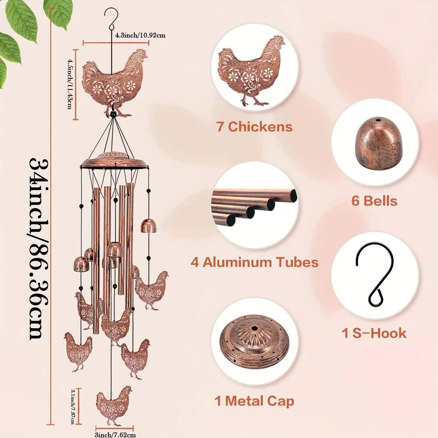 Wind Chime Outdoor Chicken Farmhouse Decor – Aluminum Tube Soothing Sound Garden Porch Patio Hanging Ornament