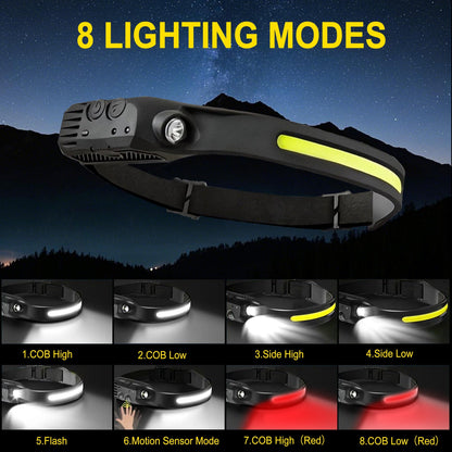 Four-Pack Rechargeable COB Strip Headlamps with 230° Wide-Light Label, Side Spotlight and Motion Sensor