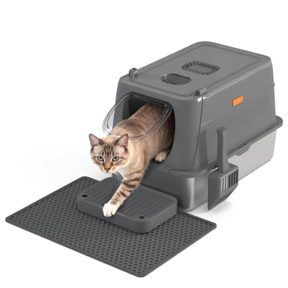 CITYLIFE Cat Litter Box with Stainless Steel Basin, Removable Enclosure, Flap Door, Top Entry, Step and Mat