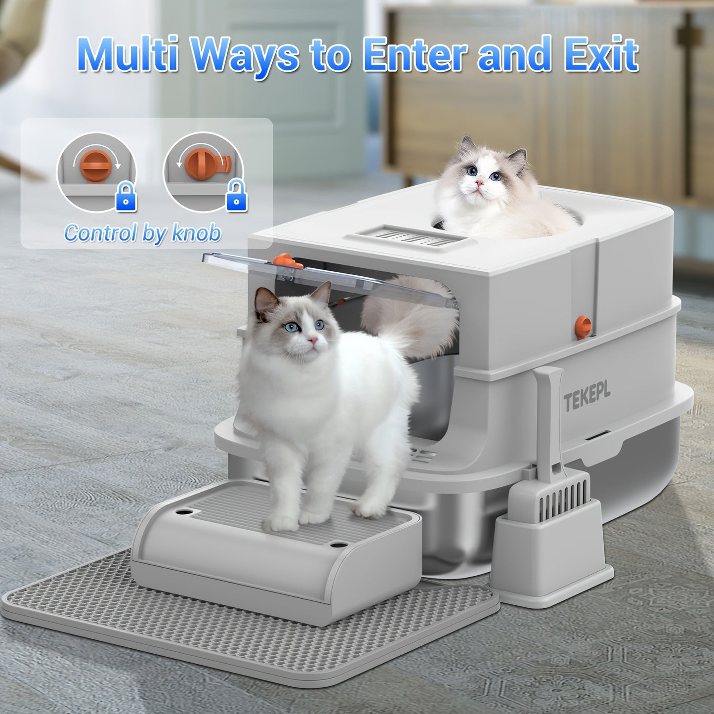 Stainless Steel Cat Litter Box with Lid – Extra Large 68L Enclosed & Semi-Open Modular System, 304 Steel Non-Stick Easy Clean
