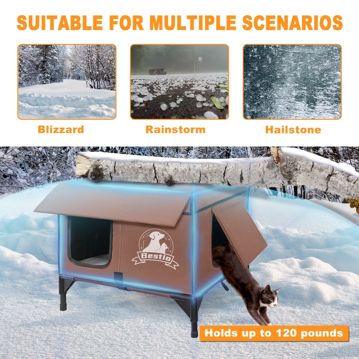 Heated Cat House 3-in-1 with Removable Warming Pad, Elevated Cat Bed for Indoor & Outdoor Cats, Chew-Resistant Cord, Double Door Cat Cave