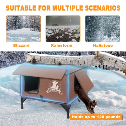 Heated Cat House 3-in-1 with Removable Warming Pad, Elevated Cat Bed for Indoor & Outdoor Cats, Chew-Resistant Cord, Double Door Cat Cave