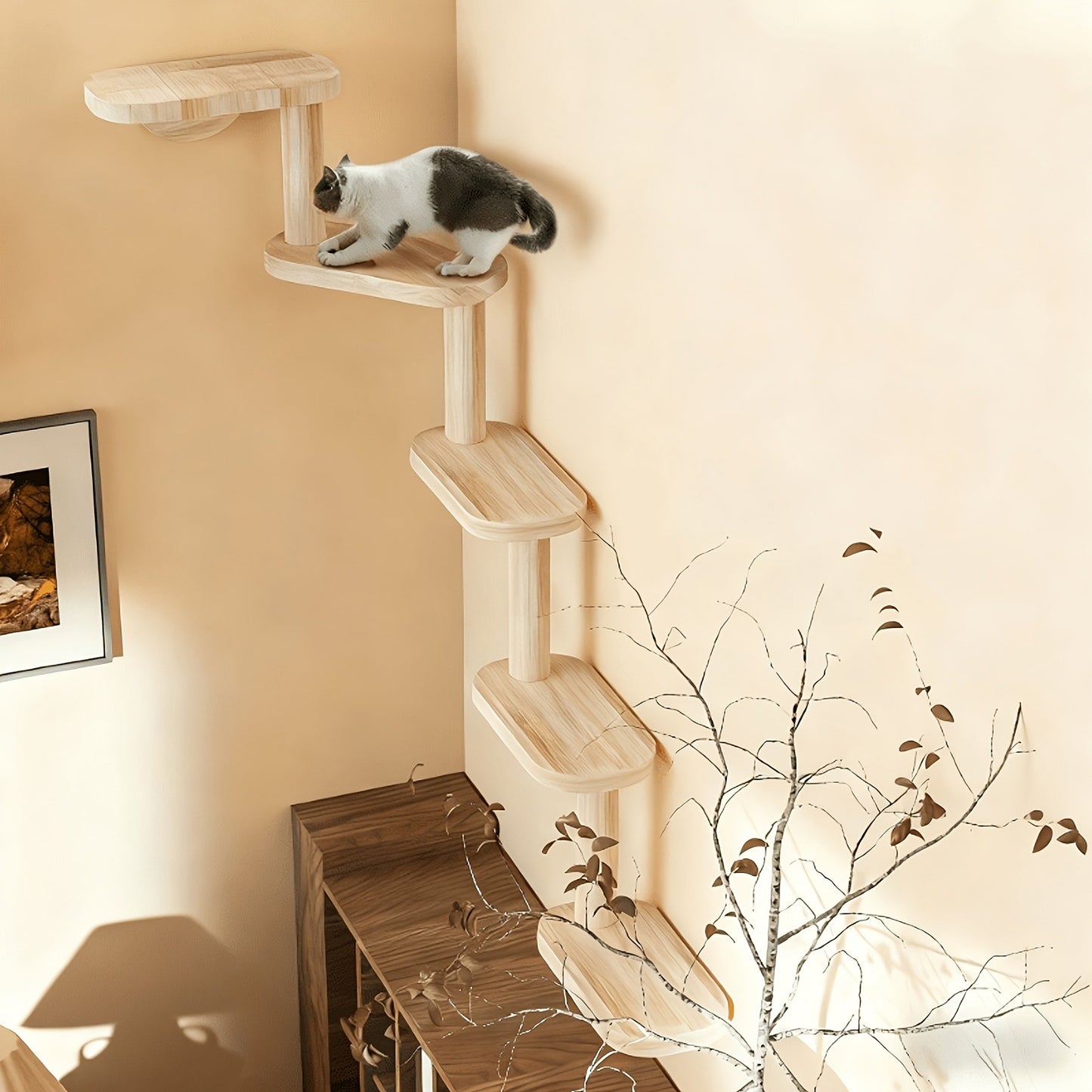 Wall-Mounted Cat Tree 5 Layers Solid Wood Indoor Cat Climbing Frame Jumping Platform Ladder Space-Saving for Small Spaces Multi-Cat Homes
