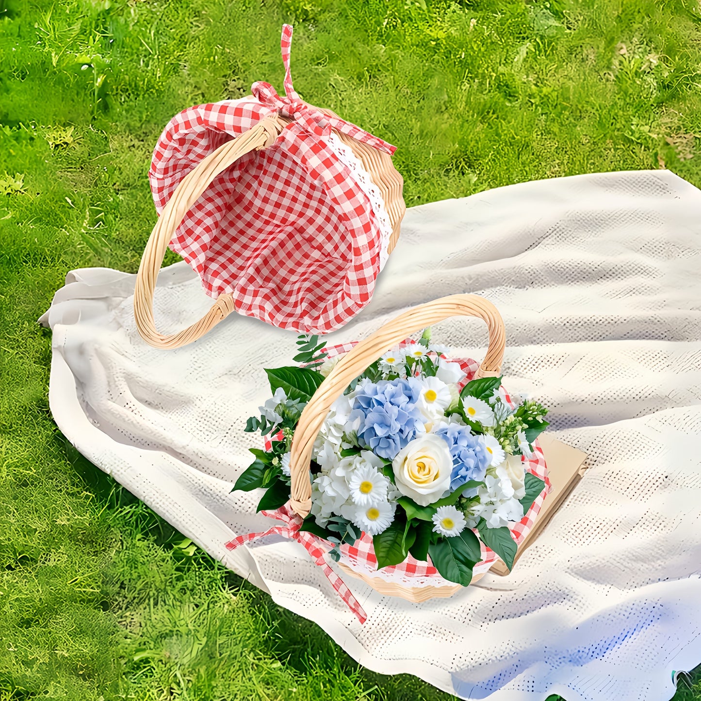Large Wicker Picnic Basket with Split Lid, Central Carry Handle and Red Checkered Textile Lining