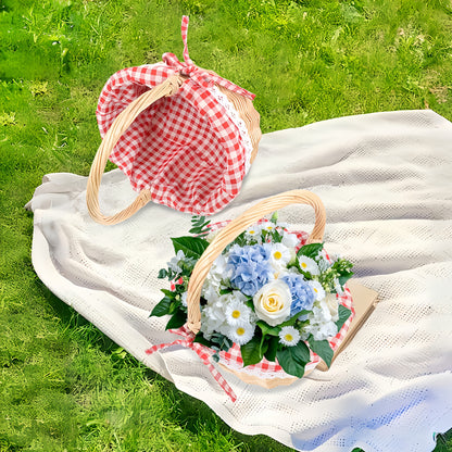 Large Wicker Picnic Basket with Split Lid, Central Carry Handle and Red Checkered Textile Lining
