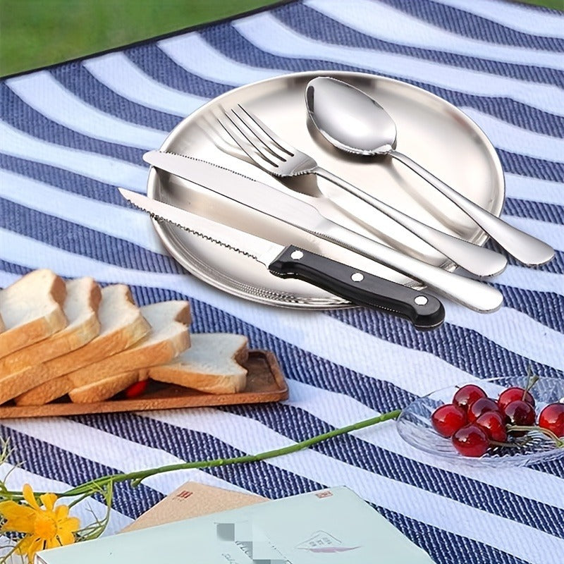 Camping Mess Kit 24pcs Stainless Steel Cutlery Set for 4 – Plates, Spoons, Forks, Serrated Knives & Cloth Napkins