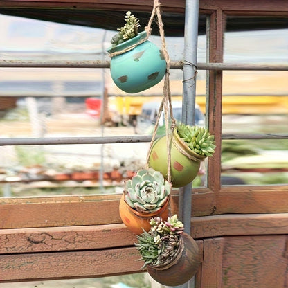 Hanging Planters Set of 4 Bohemian Geometric Porcelain Pots with Hemp Rope
