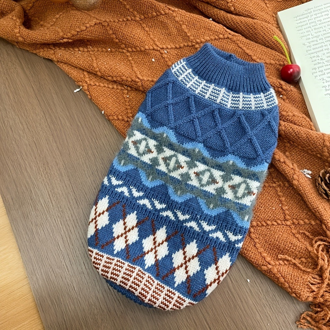 Cable Knit Dog Sweater Turtleneck – Thick Warm Winter Pet Pullover with Fair Isle Pattern, Cozy Cold Weather Knitwear