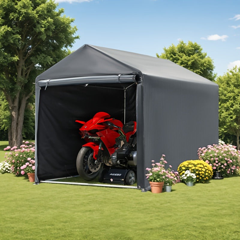 Portable PE-Tarpaulin Outdoor Storage Shelter with Steel Frame in 5 x 7.2 Ft or 6.3 x 8 Ft Sizes