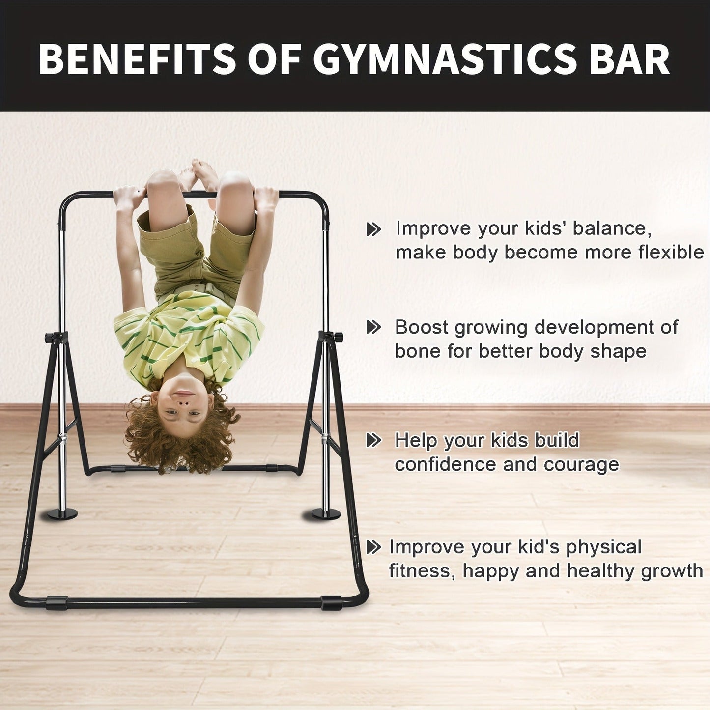 Adjustable Gymnastics Pull-Up Bar for Kids & Teenagers – Height Adjustable Horizontal Bar for Indoor Outdoor Home Use