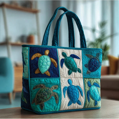 Sea Turtle Patchwork Tote Bag with Quilted Panels, Teal Handles and 17 x 15.75-Inch Checkout Size