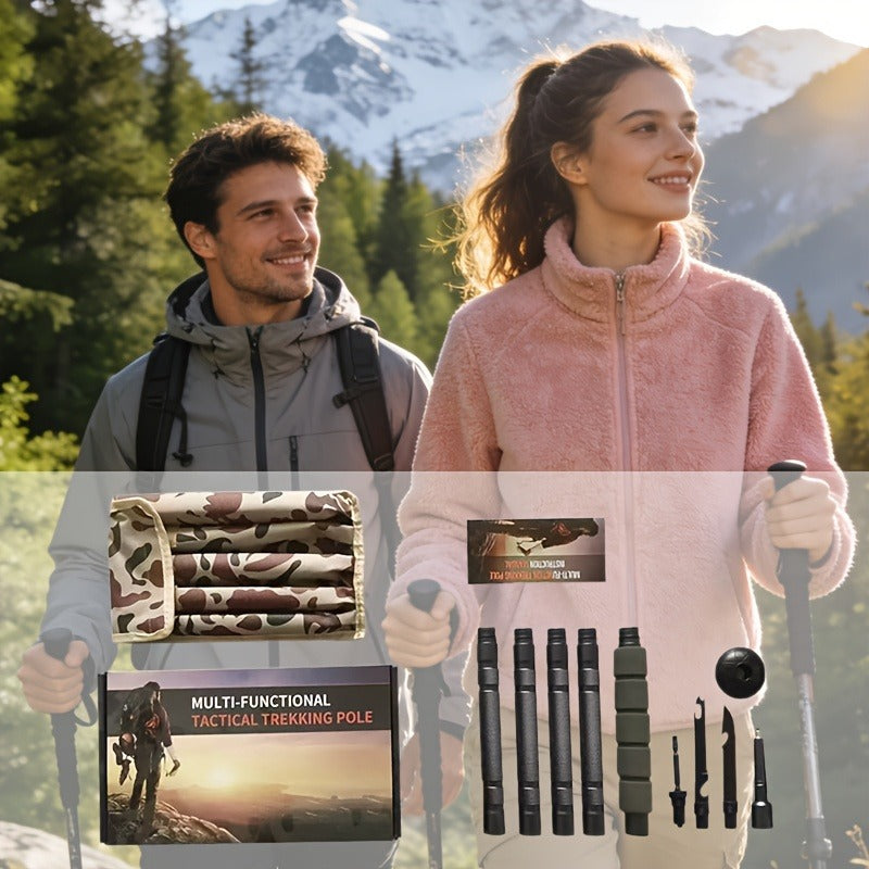 Tactical Trekking Pole Adjustable Hiking Stick | Titanium Alloy with Built-In Compass Canvas Storage Pouch & Combination Lock |