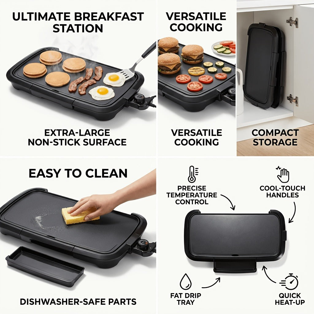 Electric Griddle Non-Stick Teppanyaki Grill Pan, Frying & Grilling All-in-One for Eggs, Steaks, Bacon