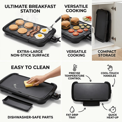 Electric Griddle Non-Stick Teppanyaki Grill Pan, Frying & Grilling All-in-One for Eggs, Steaks, Bacon