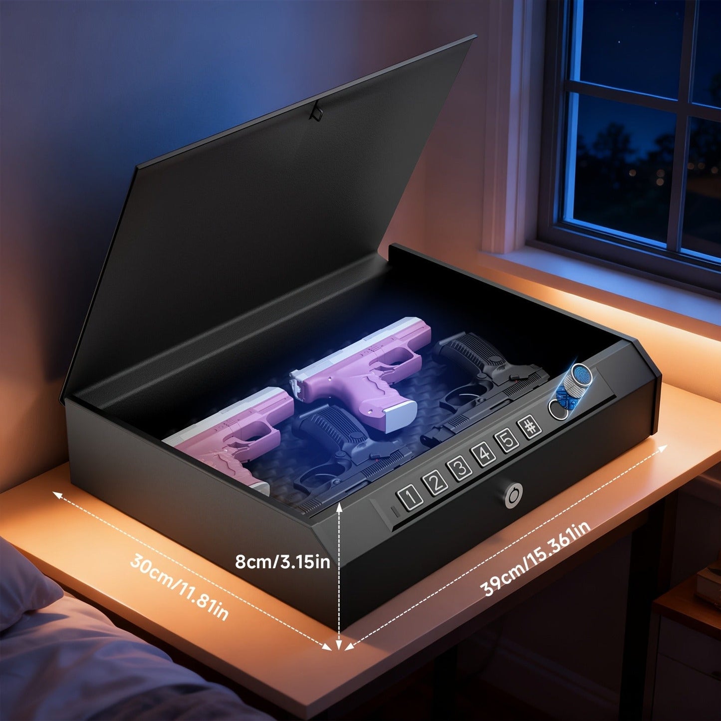 Biometric Gun Safe Fingerprint Digital PIN & Key Unlock 3-Way Access Internal Light Silent Mode Emergency Power Supply Gun Lock Box for Home