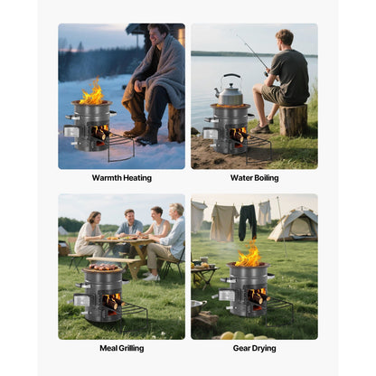 Wood Burning Rocket Stove Portable Camping Stove with Cast Iron Top, Double Door, Fireproof Lining