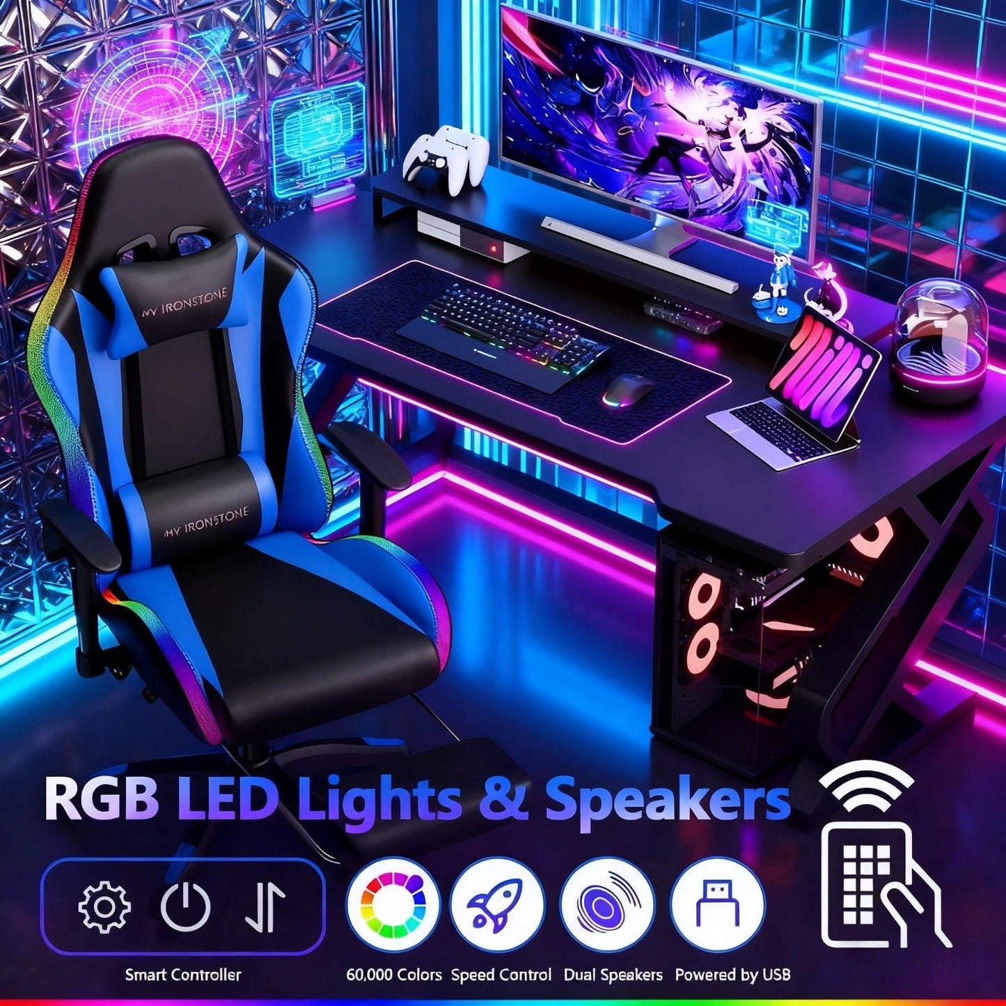 Gaming Chair with 7-Point Vibration Massage, Bluetooth Speakers, RGB Lighting, Footrest and 400lb Rating