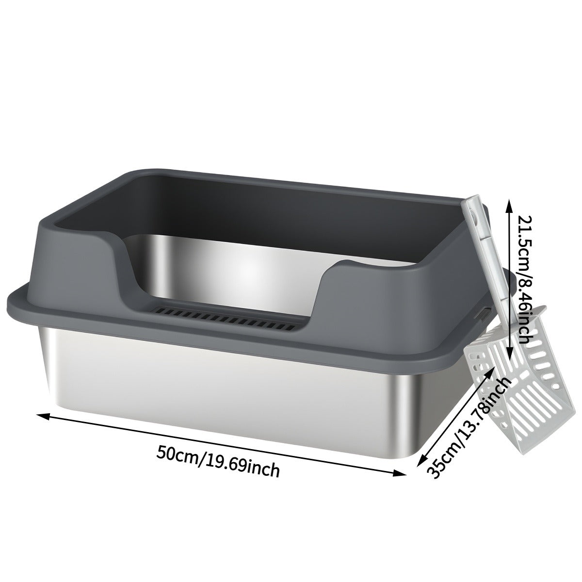 Stainless Steel Cat Litter Box with High-Wall Surround, Front Step, Scoop and 8.46- or 10.43-Inch Wall Options