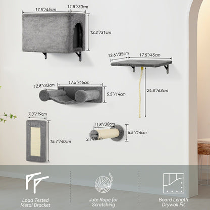 Five-Piece Wall-Mounted Cat Furniture Set with Open Perches, Suspended Bridge and Enclosed Cube