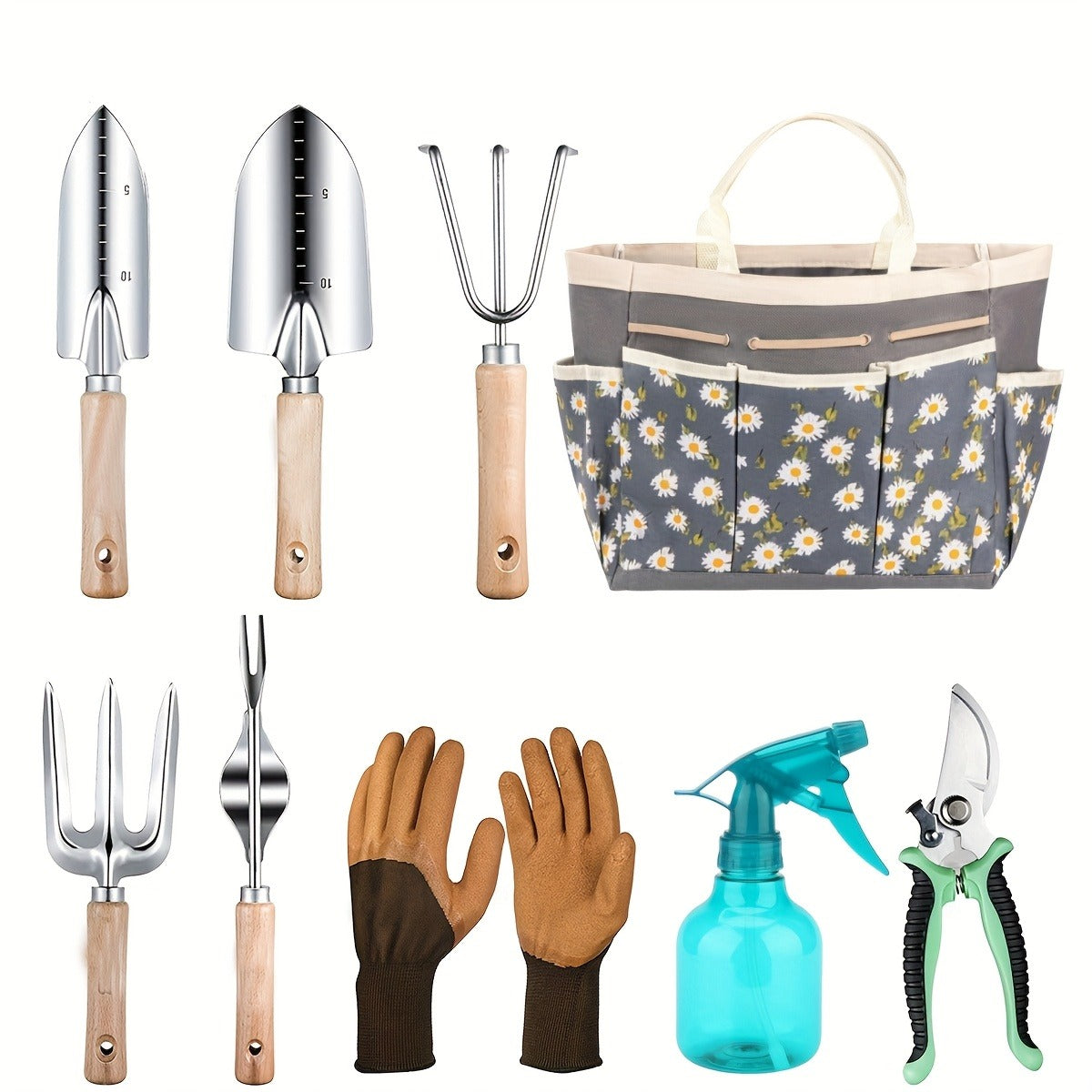 Gardening Kit 9-Piece with Gloves & Carry Bag | Heavy Duty Rust-Resistant Garden Tool Set Trowel Weeder Pruner Rake | Planting Gift