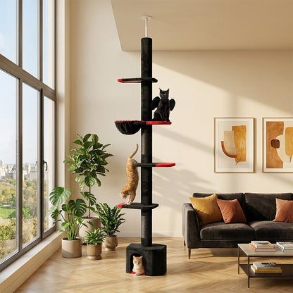 Floor to Ceiling Cat Tree Tower 90–107" – 4-Tier Tall Adjustable Cat Climbing Post with Tension Rod | Ceiling-Mounted Stable Cat Activity