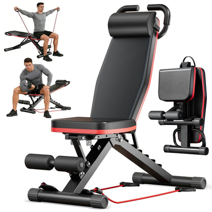 Foldable Adjustable Workout Bench with Black-and-Red Padding, Preacher Curl Pad, Leg Rollers and Resistance Bands