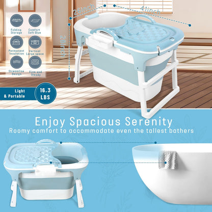 Portable Bathtub for Adults with Insulation Cover & Drainage Pipe, Foldable Hot Tub for Indoor Outdoor Sauna