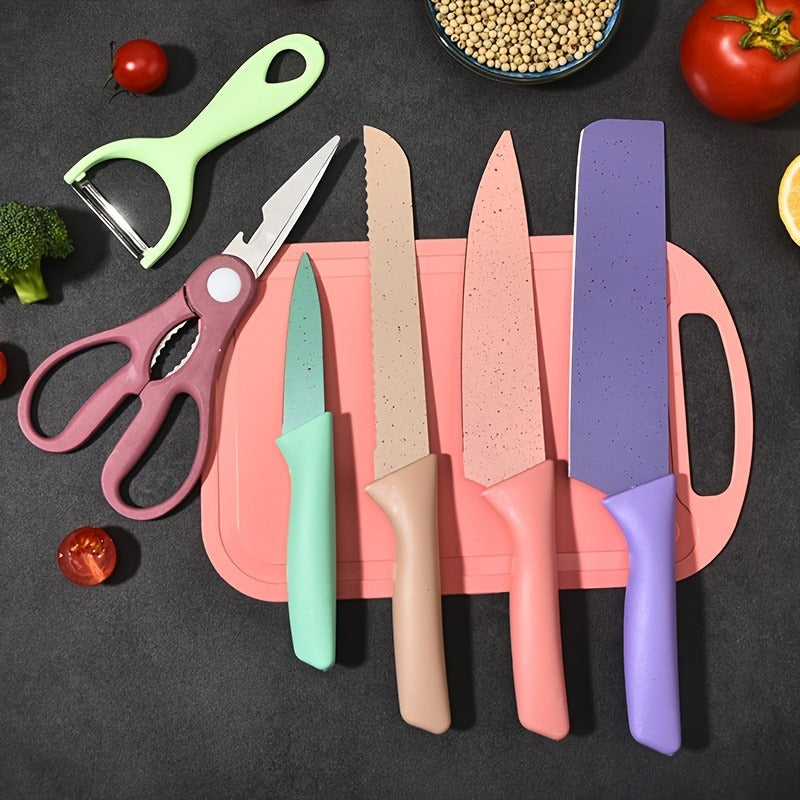 Seven-Piece Kitchen Knife Set with Four Pastel Knives, Kitchen Scissors, Peeler and Cutting Board