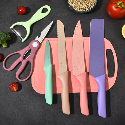 Seven-Piece Kitchen Knife Set with Four Pastel Knives, Kitchen Scissors, Peeler and Cutting Board