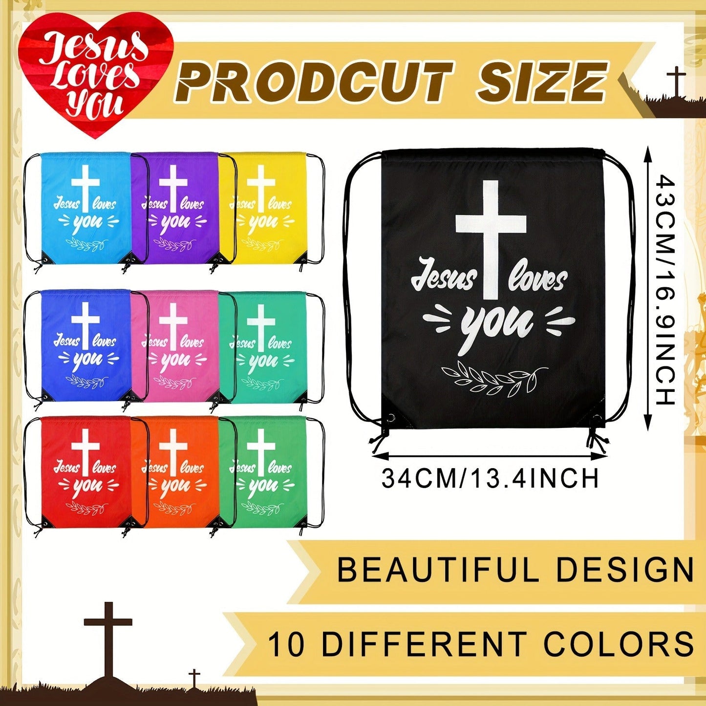 Christian Party Gifts Bulk Set 20pcs – 10 Drawstring Backpacks & 10 Sport Bottles with Bible Verses, God Loves You Church Event Favors