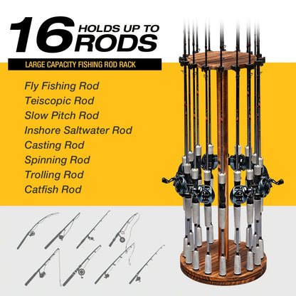 Wooden Fishing Rod Rack 360 Degree Rotating Circular Holds 16 Rods Space Saving Fishing Pole Organizer for Garage Home Storage