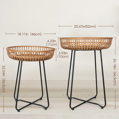 Side Table Rattan Collection with Bamboo-Woven Tops, Metal Bases and 18- or 20.4-Inch Options