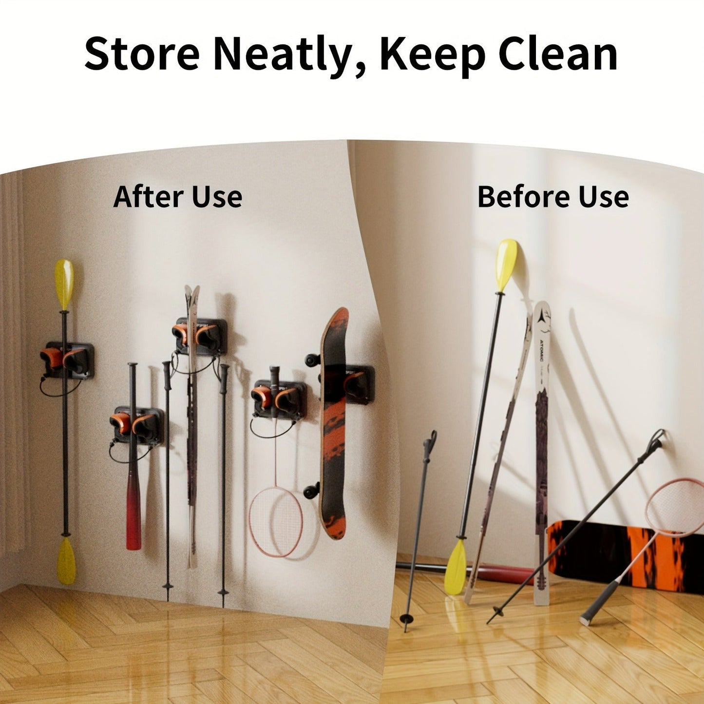 Wall-Mounted Ski & Sports Equipment Storage Rack – Heavy Duty Garage Organizer Hook Set, Holds Up to 100 lbs