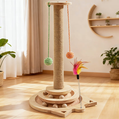 Multi-Level Sisal Cat Scratching Post 4-in-1 with 6 Wooden Balls 2 Hanging Balls & 2 Feather Teaser Toys – Premium Thickened Sisal Anti-Slip