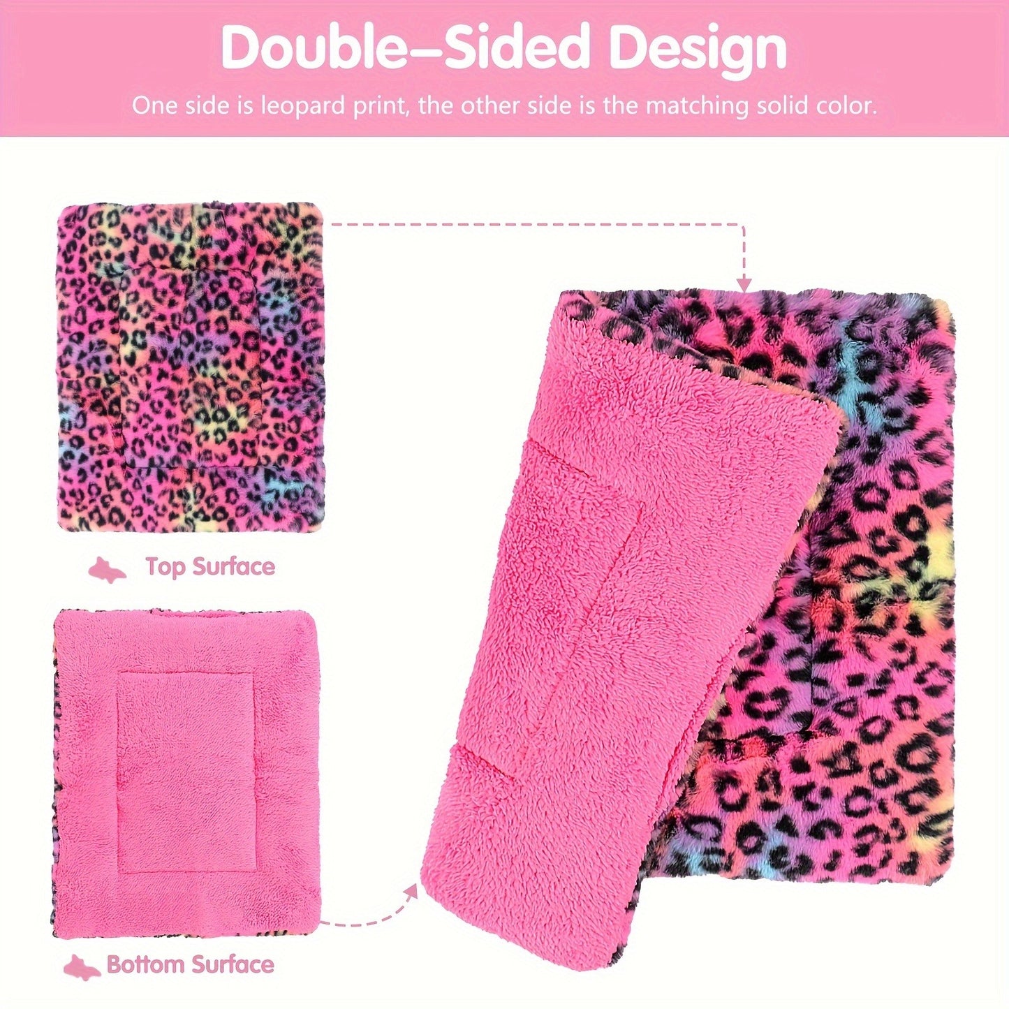 Reversible Plush Pet Mat Leopard Print Fleece Soft Warm Dog Cat Bed Pad Anti-Slip Machine Washable for Crate Car Sofa Floor