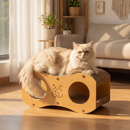 Cat Scratching Post with Integrated Cat Bed – Sturdy Walnut Wood Base, 4-Season Woven Scratch Pad, Indoor Cat Scratcher Lounge