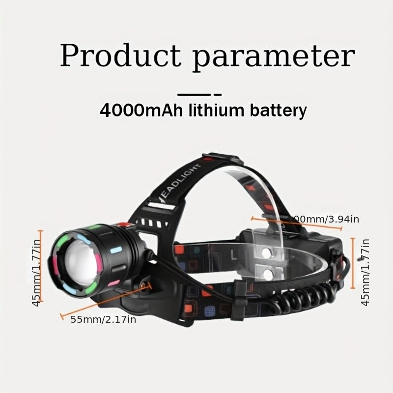 2000LM-Labeled Rechargeable Zoom Headlamp with Four Modes, 400m Beam Label, Rear Red Lamp and 90° Tilt