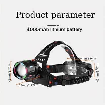 2000LM-Labeled Rechargeable Zoom Headlamp with Four Modes, 400m Beam Label, Rear Red Lamp and 90° Tilt
