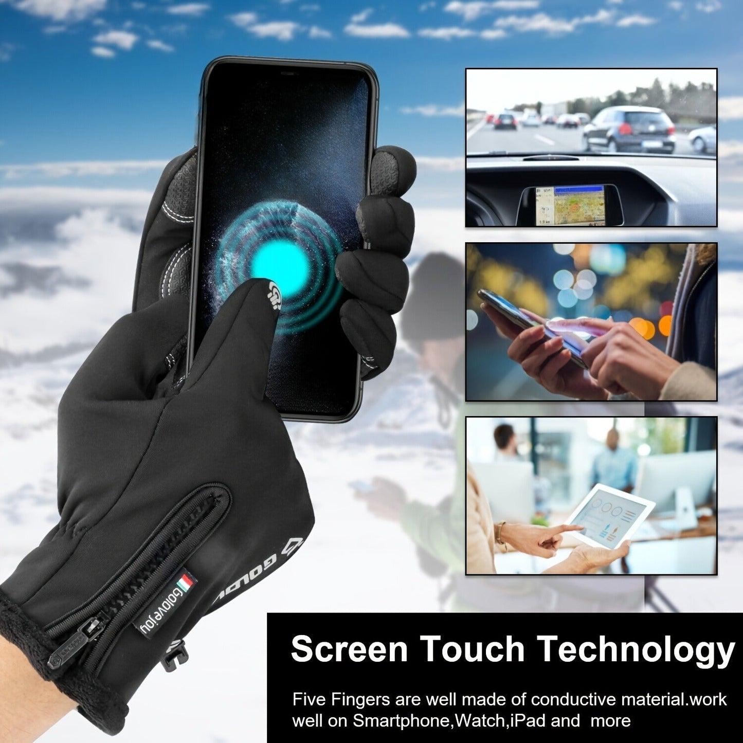 Two-Pair Full-Finger Winter Gloves in Black or Gray with Complete S, M, L, XL and XXL Size Grid