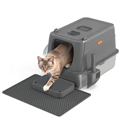 Extra Large Enclosed Cat Litter Box – Stainless Steel with Front Flap Door, Foldable Anti-Splash Fully Covered Design
