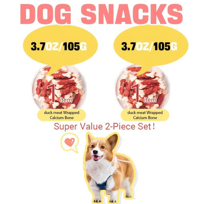 Dog Treats Chicken or Duck Wrapped Bone-Shaped Biscuits in Two-Pack Flavor Options for Reward Use