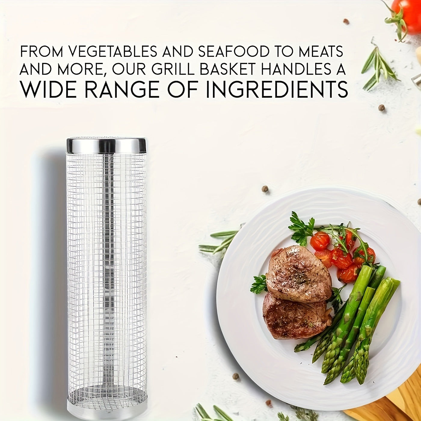 Rolling Grill Basket Stainless Steel 2-Pack, Cylinder BBQ Basket with Hook & Fork for Vegetables