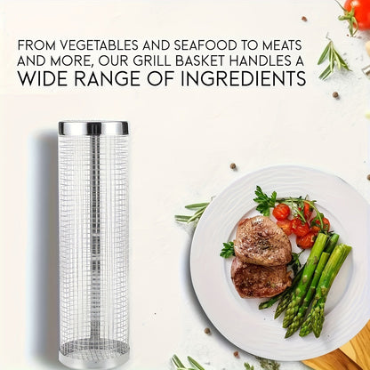 Rolling Grill Basket Stainless Steel 2-Pack, Cylinder BBQ Basket with Hook & Fork for Vegetables