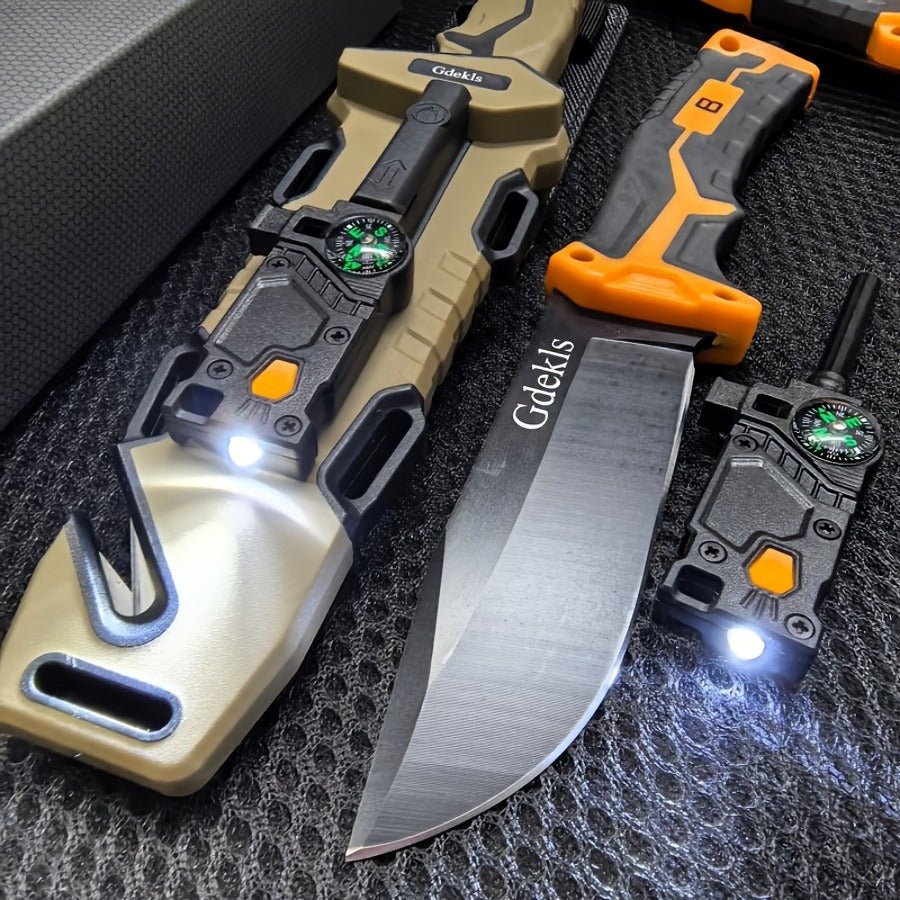 Fixed Blade Outdoor Camping Knife 9.64 Inch Stainless Steel, Survival Hunting Knife with Flint Fire Starter Night Light Sharpener Safety
