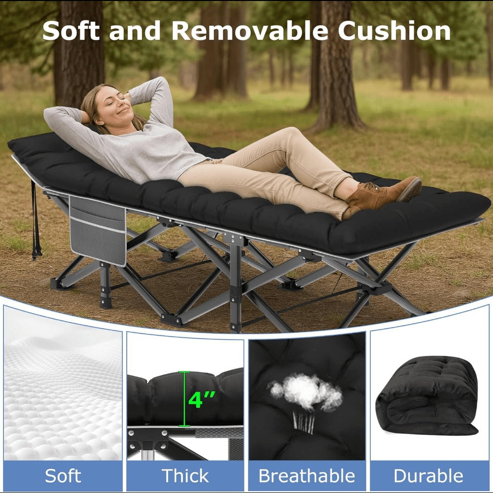 Folding Camping Cot Bed for Adults – Heavy Duty Double Layer Oxford Portable Camp Cot with Soft Pad & Carry Bag for Camping, Beach