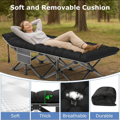 Folding Camping Cot Bed for Adults – Heavy Duty Double Layer Oxford Portable Camp Cot with Soft Pad & Carry Bag for Camping, Beach