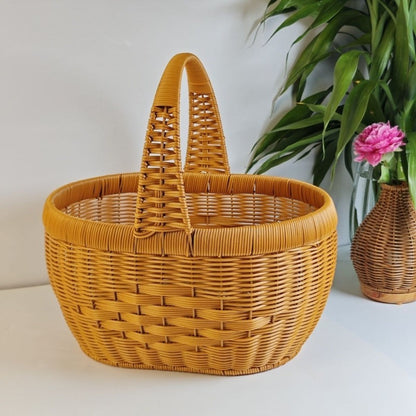 Rattan Basket Woven Shopping Basket with Handle – Extra Large Handcrafted Picnic Basket for Fruits, Eggs, Vegetables