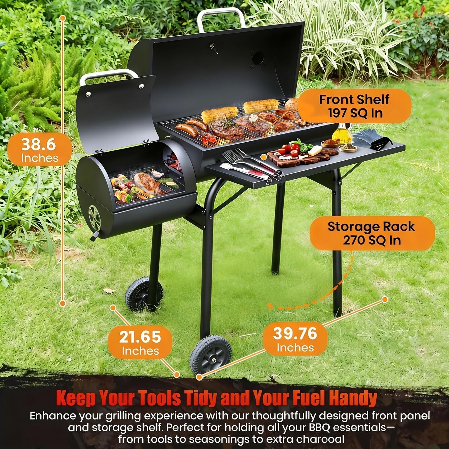 Barrel Charcoal Grill with Offset Smoker, Wheeled Cart, Side Firebox and Two Black Configuration Options